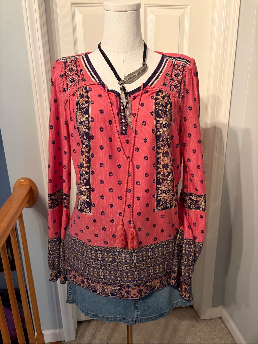 American Eagle Outfitters Rose Pink Tunic with Navy Floral Panels